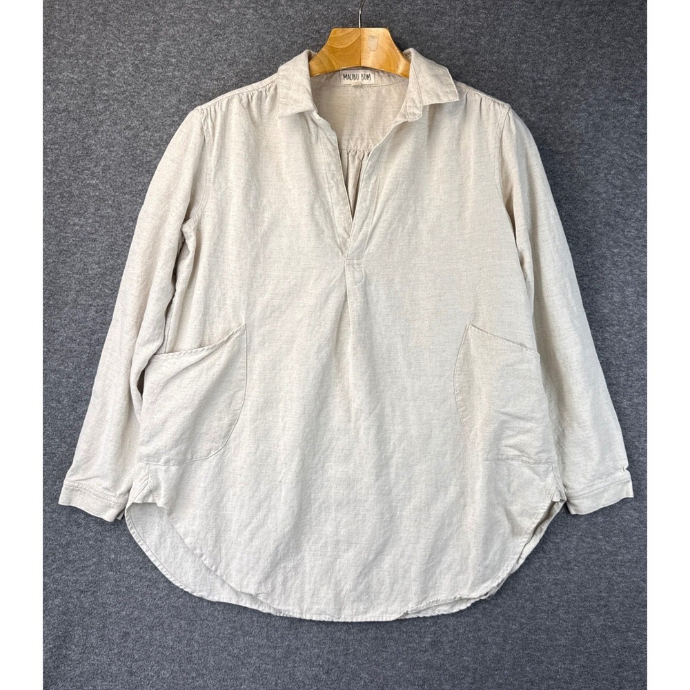 Malibu Bum Ramie Rayon Split Neck Tunic Top Oatmeal Beige Women Size S Lagenlook